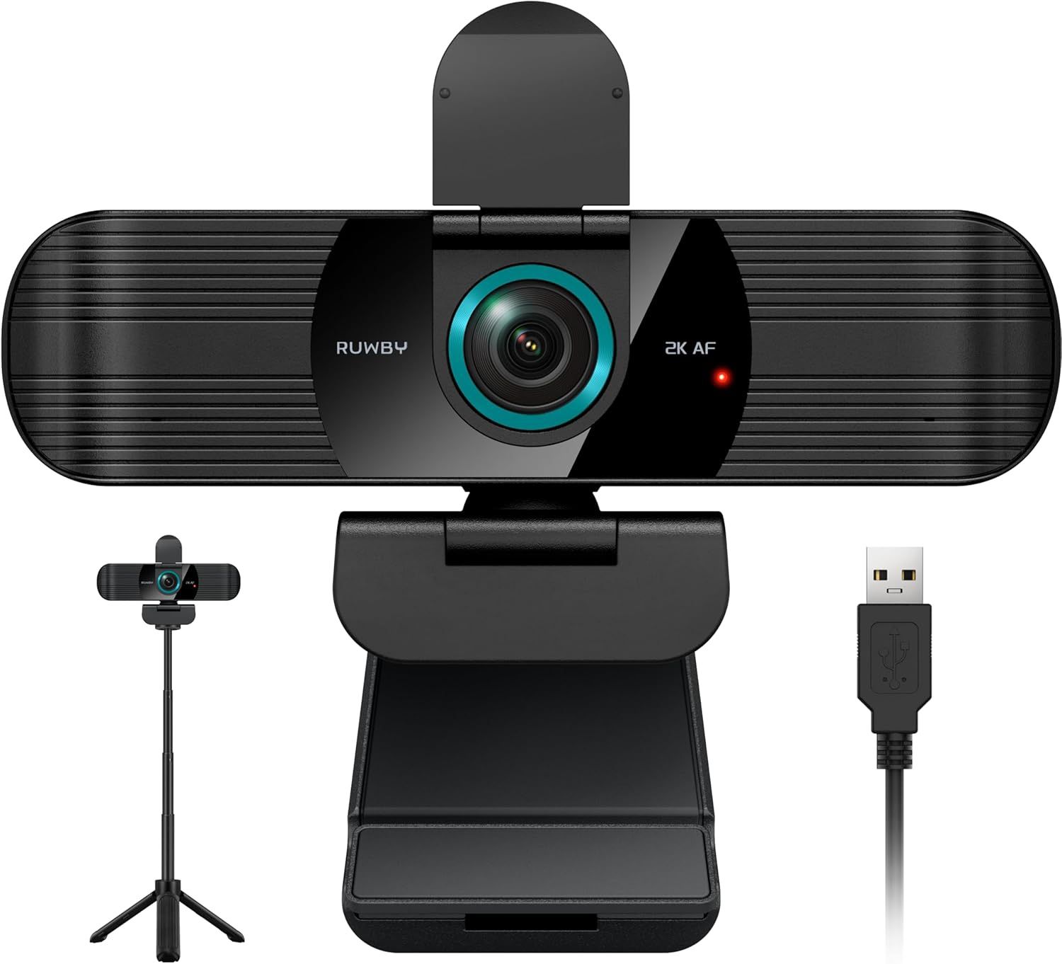 QHD 2K Webcam with Built-in Dual Mics, Wide-Angle Lens, Privacy Cover, Tripod Stand, Autofocus Computer Camera, Plug and Play for Desktop PC or Laptop