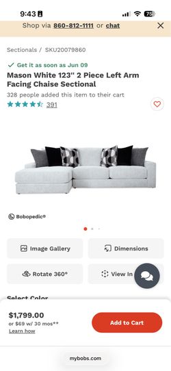 LIKE NEW- Mason White 123" 2 Piece Right Arm Facing Chaise Sectional