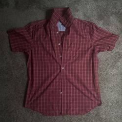Burgundy and white plaid Van Heusen button-down shirt