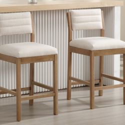 HNY Modern 26.5" Bar Stools Set of 2 Beige Linen Upholstered Counter Stools with Backs Counter Height Island Stools with Solid Wood Frame Farmhouse Wo