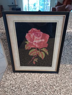 Vtg rose flower floral needlepoint cross stitch framed art pink cottage granny cottagecore completed