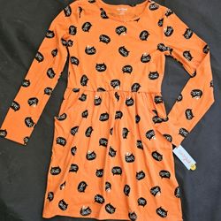Cat & Jack Orange Long Sleeve Dress w/ Black Cats (Size XL 14-16)