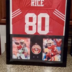 JERRY RICE HALL OF FAMER, OF THE SAN FRANCISCO 49ERS, STITCHED, FRAMED JERSEY.