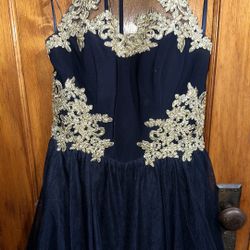 Blondie Nites Navy Blue Homecoming Dress with Gold Lace and Gems