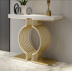 39.4" Modern Narrow Console Table With Geometric Gold Metal Base and White Top, Entryway