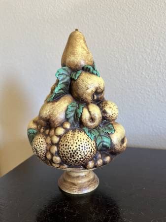 Vintage Ceramic Mid Century Gold/ Green Antiqued Stacked Fruit Topiary