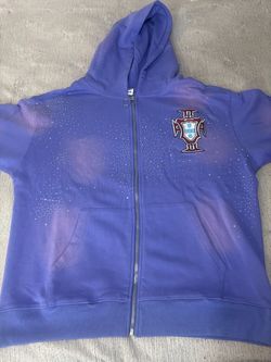 Purple Rhinestone Zip-Up Hoodie with Crest Patch