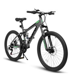 Ecarpat 24 Inch Full Suspension Mountain Bike, 21 Speeds Dual Disc Brake, Men Women Carbon Steel Mountain Bike, Adult Trail Beach Snow Commuter City B