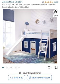 Kids Loft Bed, Twin Bed Frame For Kids With Slide and Curtains For Bottom, White/Blue