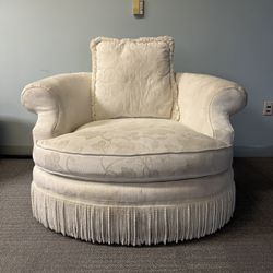 Swivel Barrel Chair – Ivory Floral Upholstery with Fringe Skirt