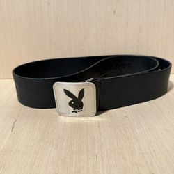 Playboy Bunny Belt Buckle Silver Leather Blk Belt 36”inch Used Great Condition! 