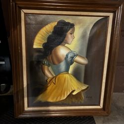 Framed Leonko Painting Of A Latin Girl With A Fan