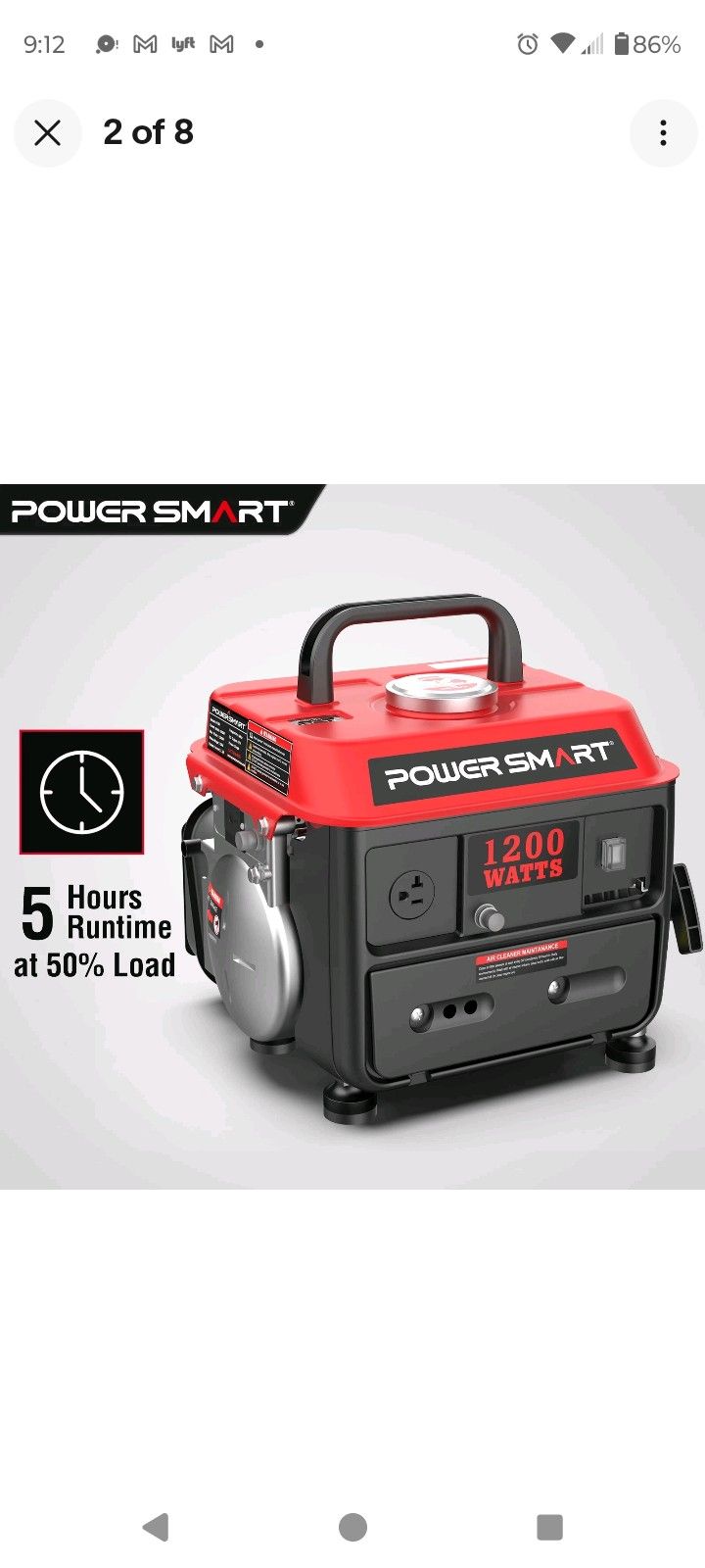 PowerSmart 1200W Gas Generator, 79cc Engine, 5-Hour Runtime, 120V Output, New