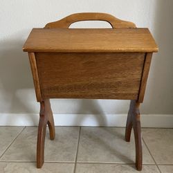 Vintage Solid Wood Standing Sewing Or Knitting Box Portable Double Lids