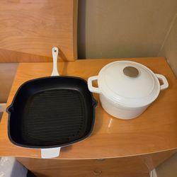 BergHOFF Neo 3pc Cast Iron Cookware Set, Grill Pan & Round Dutch Oven, Meringue