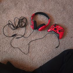 red and black wired xbox headset controller combo