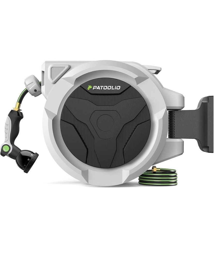 Retractable Hose Reel 1/2 in x 100 ft, Heavy Duty Wall Mounted Garden Hose Reel with 10-Pattern Nozzle, Any Length Lock, Automatic Slow Return System,