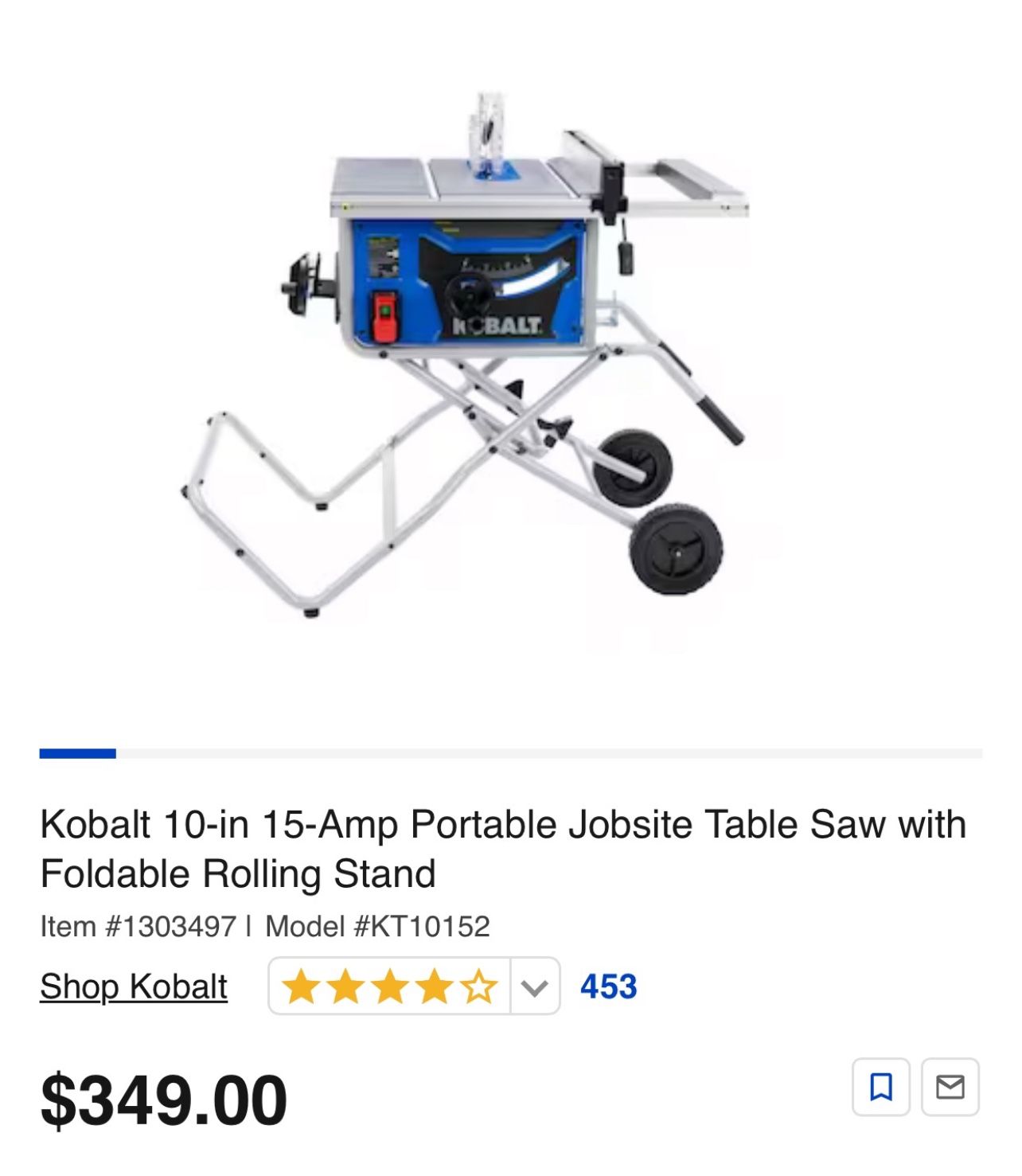 Kobalt 10-in 15-Amp Portable Jobsite Table Saw with Foldable Rolling Stand