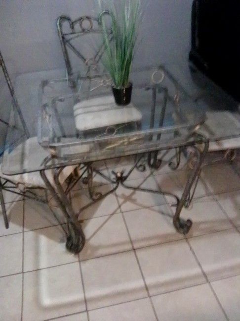 Glass Wrought Iron Table Square Glass Top Bevelled On Edge 3 Matching Chairs No Chips Or Nicks