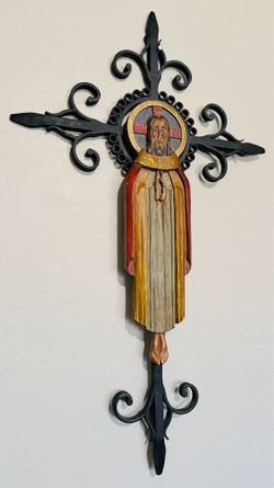 VTG Mexican Folk Art Santos Bulto Christ wrought Iron Wooden Crucifix Cross 27” Signed