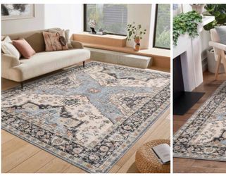 Garvee 9 × 12 (ft) Loomed Polyester Beige/Blue Rectangular Indoor Floral/Botanical Persian
