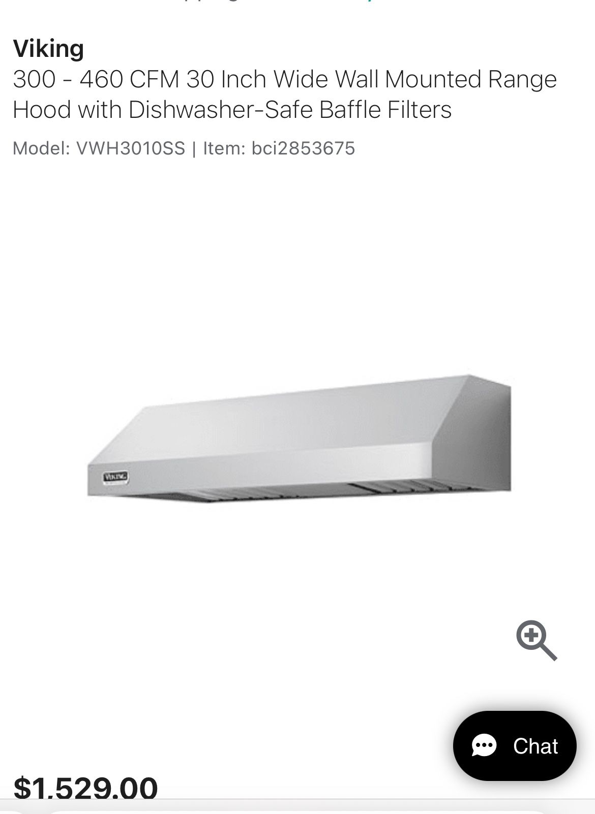 Viking 30” Wide 10” High Wall Mount Hood 