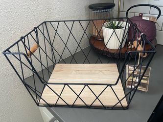 Black Wire Storage Basket with Wood Bottom