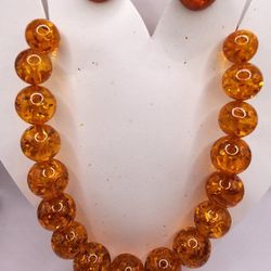 Amber Bead Necklace with Amber Dome Button Clip On Earrings