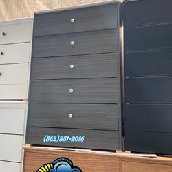 Grey w/ Silver Trim Five Drawer Chest Dresser 