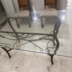 Wrought Iron Glass Top Dining Table 65” x 42” Heavy Cast Iron Base Tuscan Style