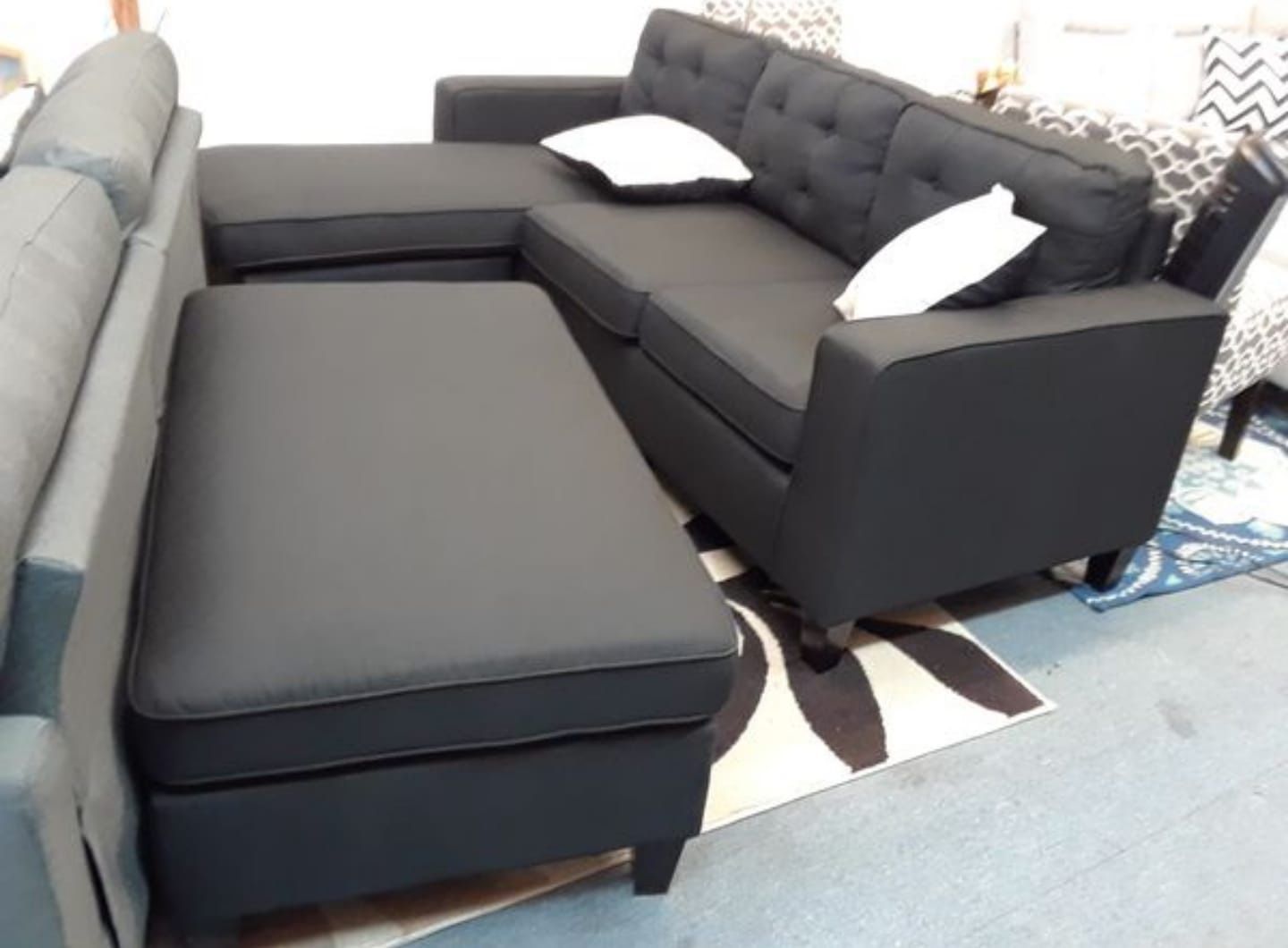 Brand New Black Linen Sectional Sofa Couch With Reversible Chaise And Ottoman