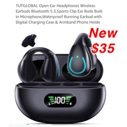 New Open Ear Headphones Wireless Earbuds Bluetooth 5.3,Sports Clip Ear Buds Built-in Microphone,Waterproof Running Earbud with Digital Charging Case &