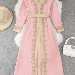 OBEEII Girls Muslim Ramadan Abaya Kids Long Sleeve V Neck Lace Prayer Dress Middle East Arabic Kaftan Dress with Belt