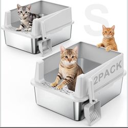 2 CAT LITTER BOXES w/ Lids + Non-Sticky & Anti-Leakage, High Sides for Kittens or Smaller Cats / NEW