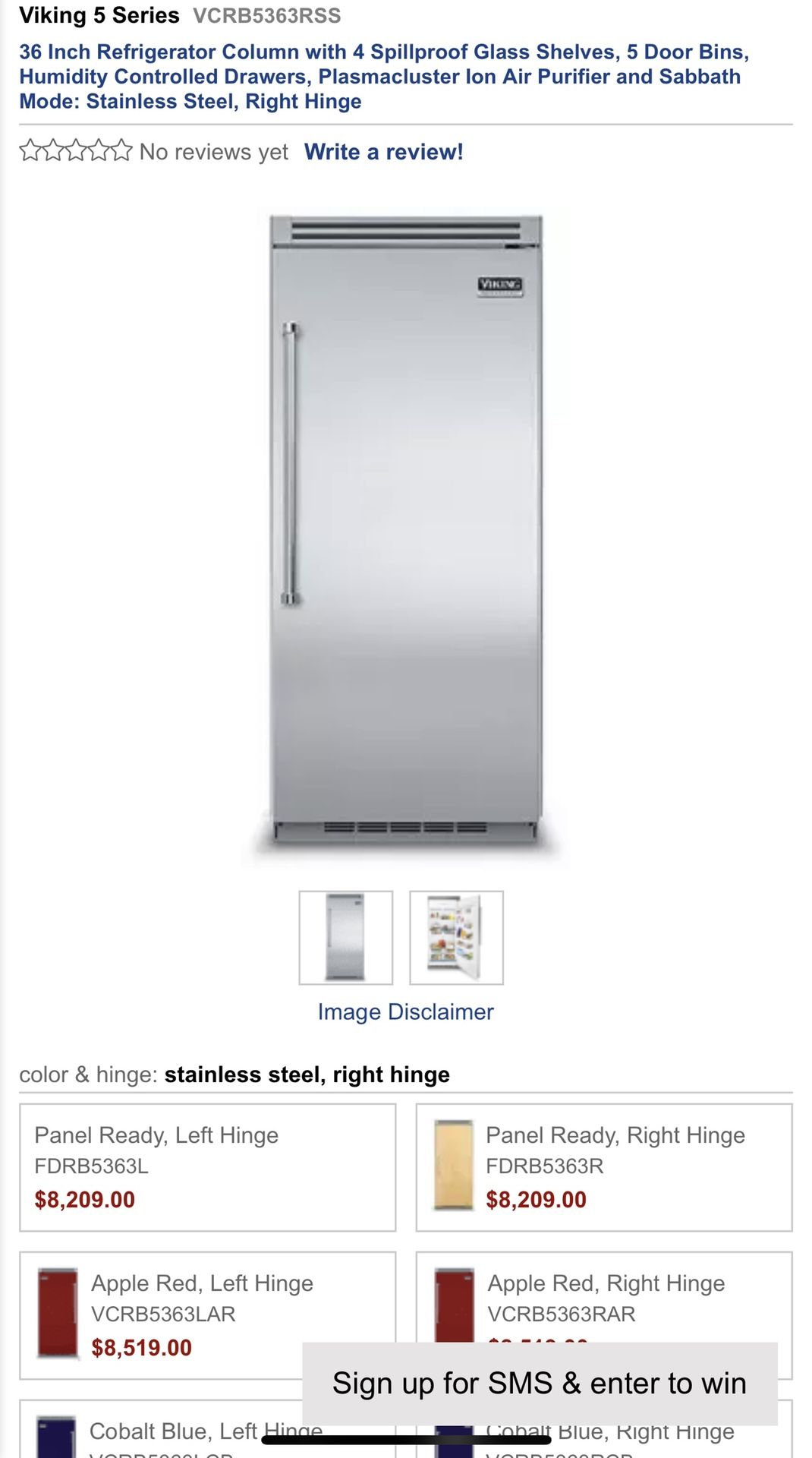 New Viking All Refrigerator  36”