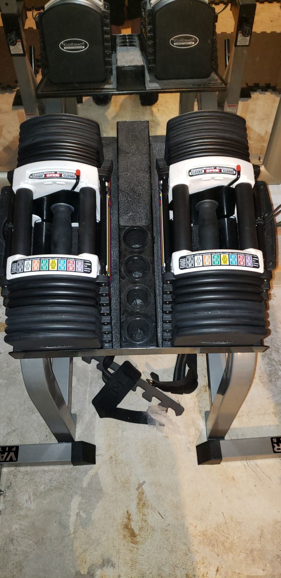 Powerblocks U90 set with straight bar squat rack bench