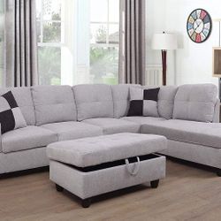 Light Grey White Sectional Sofa Set W/ Ottoman (Right Chaise) 👍FREE FINANCING AVAILABLE 👉 0️⃣ DOWN PAYMENT ❗NO CREDIT CHECK❗ 