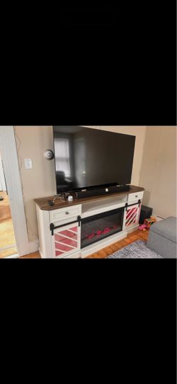Farmhouse Fireplace TV Stand for 85 Inch TV, Entertainment Center - White