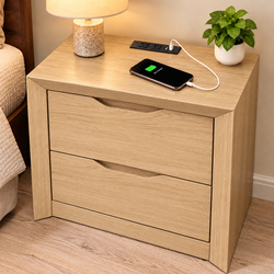 Modern Light Oak Nightstand with 2 Drawers & Built-In Charging Station