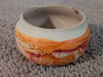 Vintage Nemadji Art Pottery Marble Swirl Red Orange And Beige 5"x3" Bowl