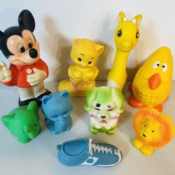 9 VNTG Baby Squeaky Toys Mickey Mouse Animals Avon FirstYears Gabriel Toys 1970s