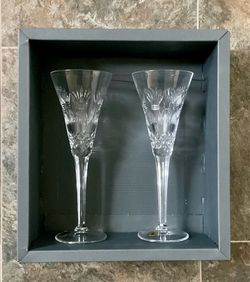 Pair of Vintage Waterford Cut Crystal Champagne Flutes Millennium Health Series in Original Box