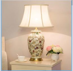White 27" Flower and Bird Ceramics Table Lamp Chinoiserie Desk Lamp,Fabric Drum Shade,Gold Base, Tall Table Lamp Decor for Living Room Bedroom Bedside