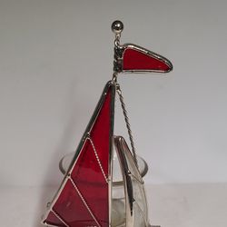 Red & Clear Stained Glass Sailboat Tealight Candle Holder 