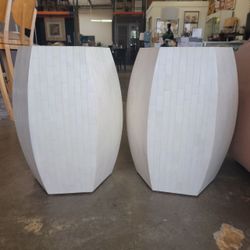 Pair of White Faceted Geometric Drum Side Tables