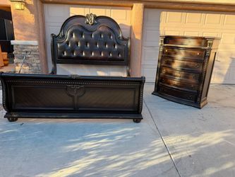 Ornate King Bedroom Set – Dark Wood Tufted Sleigh Bed & 5-Drawer Marble Top Chest