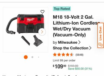 Milwaukee M18 2 Gallon Wet/Dry Vacuum (Modelo 0880-20)