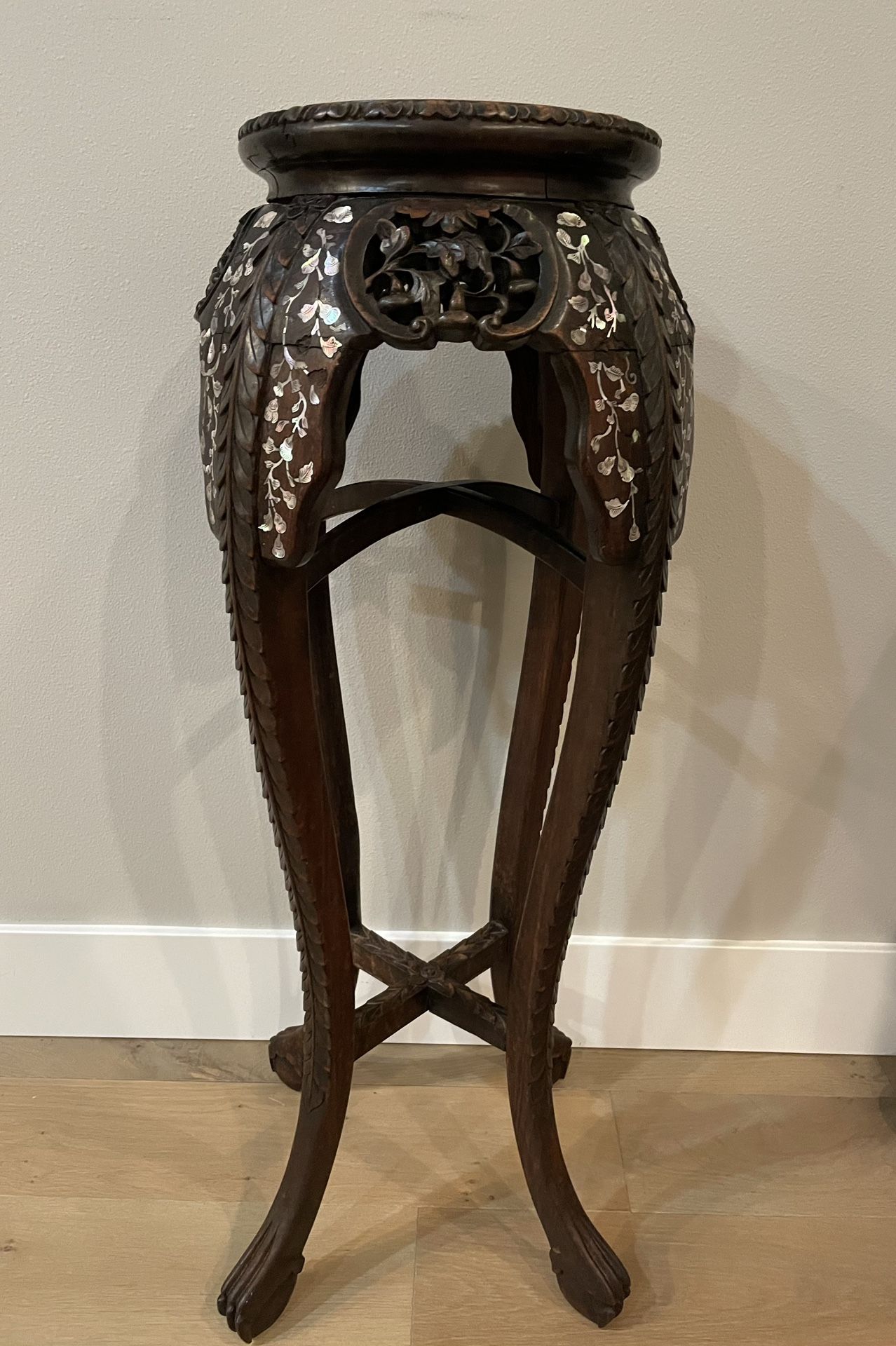 Antique rosewood marble top pedestal stand with mother of pearl inlaid