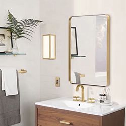 ANDY STAR Gold Bathroom Mirror, 22" x 30" Brushed Brass Metal Wall Mirror, Rounded Rectangle Mirror for Vanity, Framed in Premium Stainless Steel