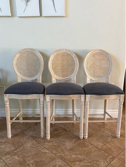 French Country Barstool  Linen Farmhouse Counter Height Chair with Round Back